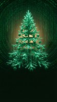 Digital Christmas tree made of glowing green matrix code with golden ornaments and cyber holiday decorations on dark background for tech greeting cards.
