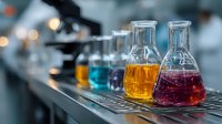 Laboratory glassware with colorful chemical solutions on metal rack in modern research facility for scientific experiments and analysis.