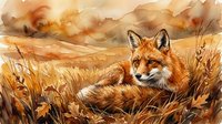 Red fox resting in golden autumn wheat field with warm sunset light creating peaceful wildlife scene for nature and animal themed designs.