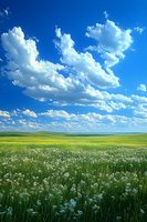 Dramatic white cumulus clouds float across vibrant blue sky over rolling meadow with wild dandelions and green grass stretching to horizon on sunny summer day.