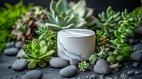 White marble cosmetic jar surrounded by fresh green succulent plants and smooth gray spa stones on dark background, natural skincare concept.