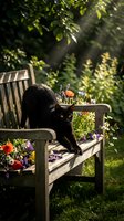 Black cat with striking amber eyes walking across wooden garden chair surrounded by vibrant flowers and lush green foliage in sunlit outdoor setting.