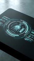 Futuristic holographic medical interface displaying human anatomy with vital signs and health data on dark tablet device for healthcare technology and digital medicine applications.