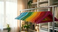 Colorful rainbow hangers organized on closet rod creating vibrant spectrum display for wardrobe organization and home storage solutions.