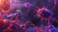 Microscopic view of virus cells with spiky surfaces in vibrant purple and red colors against dark cosmic-like background.