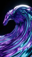 Neon glowing wave with flowing purple and cyan liquid strands against dark background, isolated on transparent space for design and digital art projects.