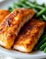 Grilled fish fillets with crispy seasoned crust served alongside fresh steamed green beans on white plate, close-up view showing moist, flaky texture and golden-brown sear.
