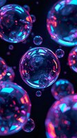 Glowing neon bubbles with pink and blue reflections floating in dark space, creating futuristic abstract background for technology or science concepts.