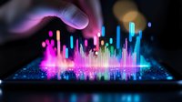 Futuristic smartphone display with glowing neon audio waves and finger interaction creates vibrant pink and blue holographic visualization on dark background.