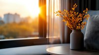 Dried yellow flowers in gray ceramic vase on windowsill at sunset, warm sunlight streaming through window, cozy home atmosphere with city view and gray cushion.