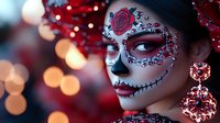 Young Hispanic woman with traditional Day of the Dead sugar skull makeup featuring red roses and intricate face paint designs against blurred festive bokeh lights background.