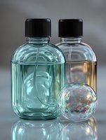 Elegant glass bottles with turquoise and amber liquids next to iridescent soap bubble on reflective surface. Perfect for cosmetics, fragrance, or essential oil marketing.
