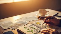 Hand drawing renewable energy concepts with solar panels and wind turbines on paper at wooden desk with coffee cup during golden hour sunrise light.