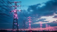 High voltage power transmission towers illuminated with pink glowing lights against dramatic sunset sky and clouds, creating futuristic energy infrastructure landscape.