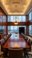 Elegant executive boardroom with mahogany table, leather chairs, coffered ceiling and city skyline view for corporate meetings and business presentations.