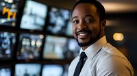 African American businessman smiling confidently in control room with multiple screens, wearing white shirt and black tie, professional corporate environment.