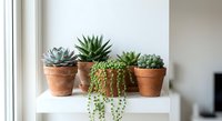 Collection of small succulent plants in terracotta pots arranged on white windowsill creating modern minimalist home decor display for indoor gardening.