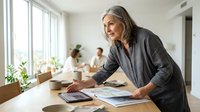 Confident mature businesswoman with gray hair reviewing documents at modern office desk with natural lighting and colleagues in background.