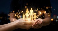 Hands holding glowing family silhouettes with magical light effects and bokeh on dark background for insurance and protection concepts.
