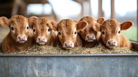 Five adorable brown dairy calves lined up at feeding trough in modern barn facility for livestock agriculture and farming operations.