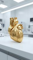 Golden anatomical heart model on white medical laboratory table in modern clinical research facility for cardiology education and healthcare training.