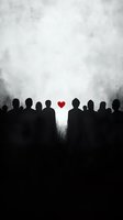 Silhouettes of crowd with red heart floating above, symbolic representation of unity and love against white foggy background. Black figures create dramatic contrast.