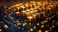 Professional audio mixing console with illuminated gold faders and control knobs in recording studio, dramatic lighting creates depth and atmosphere in dark setting.