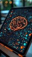 Glowing brain hologram on tablet screen with digital circuit patterns and data visualization for artificial intelligence and machine learning concepts.