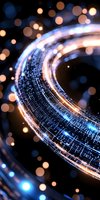 Glowing circular light trail with blue and gold illumination against dark background with bokeh effect, creating futuristic technology atmosphere.