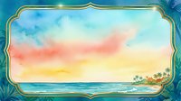 Tropical sunset seascape with golden ornamental frame border, watercolor style coastal landscape with palm trees, ocean waves, and colorful sky gradient for design projects.