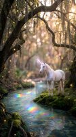 Magical white unicorn standing by enchanted forest stream with rainbow reflections and golden bokeh lights through weeping willow branches at sunset.