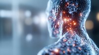 Glowing particles form human silhouette with luminous energy points scattered throughout translucent figure against blurred background, artistic conceptual visualization.