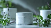 Minimalist concrete cosmetic jar surrounded by fresh mint leaves and lavender sprigs on clean white surface for natural skincare and beauty products.