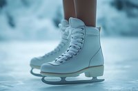 White figure skates on ice rink with soft blurred winter background, close-up view showing classic leather boot design and sharp metal blades in frosty atmosphere.