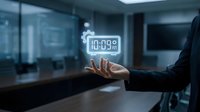 Young professional male in business attire holding glowing digital clock displaying 10:09, symbolizing time management and deadline awareness in modern corporate office environment.