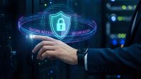 Businessman hand presenting holographic cybersecurity shield with secure access protection in modern data center environment for digital safety solutions.