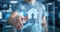 Smart home automation technology concept with hand touching digital interface showing house icon connected to user network for IoT control systems.