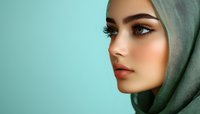Young Middle Eastern woman wearing mint green hijab in profile view against turquoise background, showcasing natural makeup and long eyelashes.