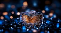Digital cube with glowing circuit patterns floating above network connections on dark background with bokeh lights for technology concepts.