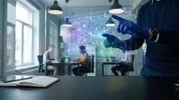 Business professional using holographic digital interface technology in modern office workspace for data analysis and network connectivity solutions.