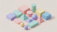 Colorful geometric shapes and forms arranged on neutral background for modern design projects and creative presentations.