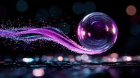 Magical glowing sphere with purple light trail floating over reflective surface against dark background with bokeh lights and sparkles. Mystical energy concept.