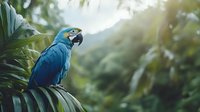 Blue and gold macaw perched on tropical palm leaf in natural jungle setting with soft sunlight and bokeh background creating atmospheric rainforest scene.