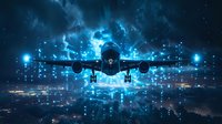 Dramatic night scene of commercial airplane flying through stormy clouds with glowing blue lightning, perfect for aviation safety, travel insurance, or transportation themes.