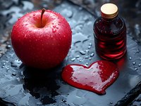 Fresh red apple with water drops next to small bottle of potion and heart shaped liquid on dark wet surface. Romantic love concept for Valentine's day.