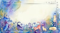 Watercolor frame border with cute cats playing among flowers and plants on white background for greeting cards and invitations.