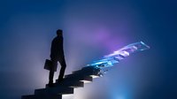 Professional businessman silhouette climbing illuminated staircase with briefcase against gradient blue purple background for career advancement concepts.