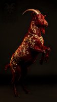 Majestic red goat with golden ornate patterns rearing on hind legs against dark background for fantasy and mythology themed designs.