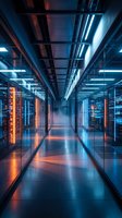 Modern data center server room corridor with glowing blue and orange LED lights, high-tech infrastructure for cloud computing and digital storage solutions.