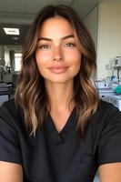 Young female healthcare professional in black medical scrubs with wavy brown highlighted hair and natural makeup in hospital setting. Medical equipment visible in background.